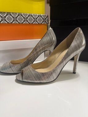 Enzo Angiolini Silver Peeptoe Pumps